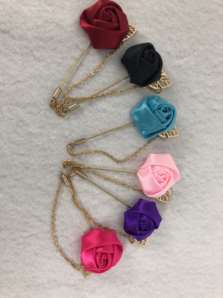 Rose Lapel Pins with Gold Coloured Leaf and Chain