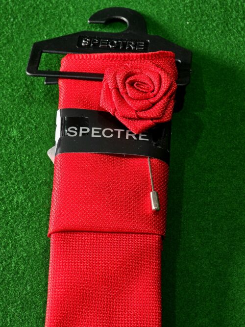 SPECTRE PLAIN TIE SET & FLOWER LAPEL PIN SCARLET RED