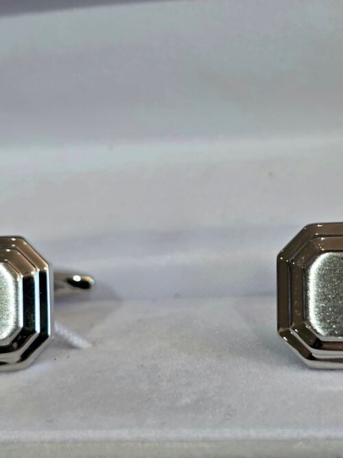 Shiny And Brushed Rectangular Cut Corner Rhodium Plated Cufflink
