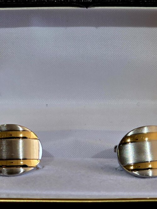 Rhodium Plated Oval Cufflinks with Curved Face and Gold Plated Lines