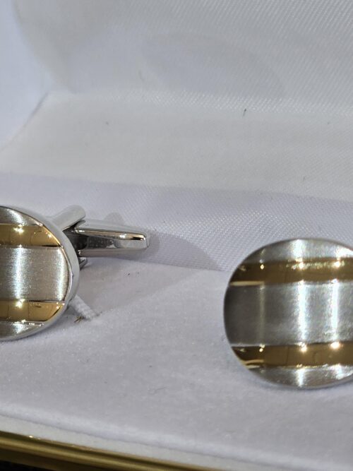 Rhodium Plated Oval Cufflinks with Curved Face and Gold Plated Lines
