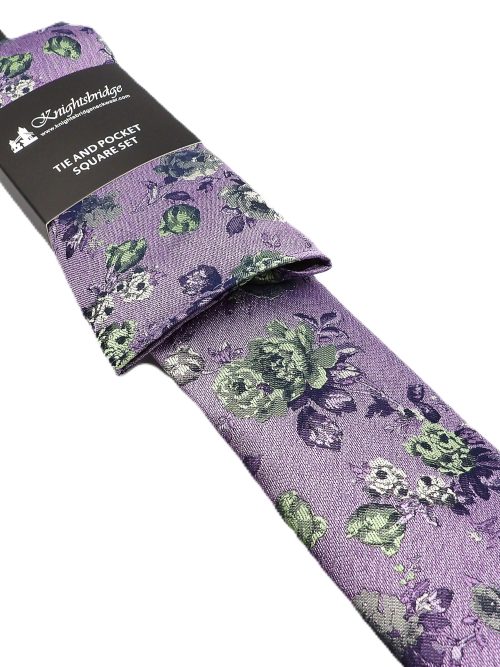 Knightsbridge Lavender & Green Floral Tie & Pocket Square Set