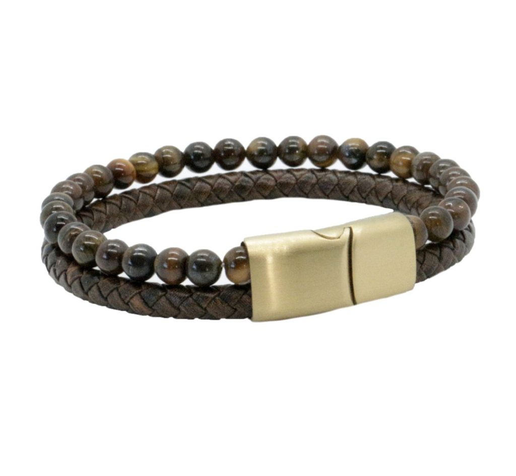 Dalaco Brown Leather Bracelet with Beads and Gold Clasp