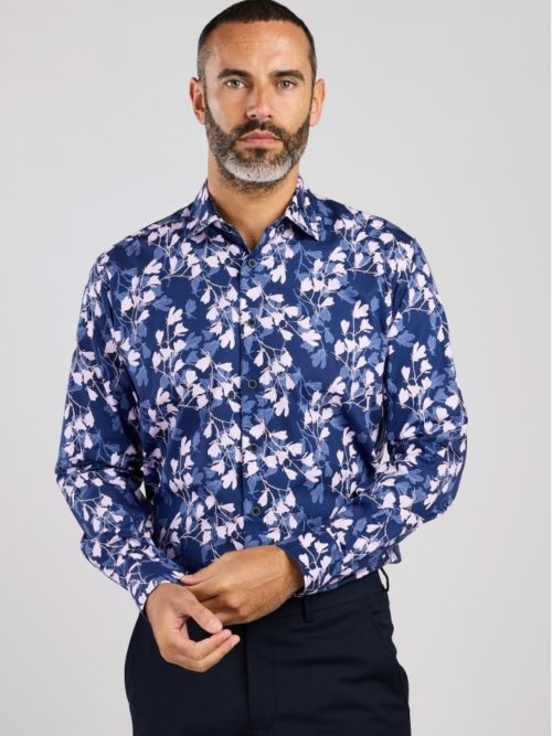 Double Two Navy and Pink Magnolia Print Shirt