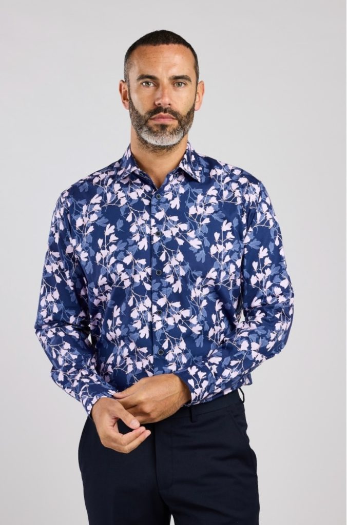 Double Two Navy and Pink Magnolia Print Shirt