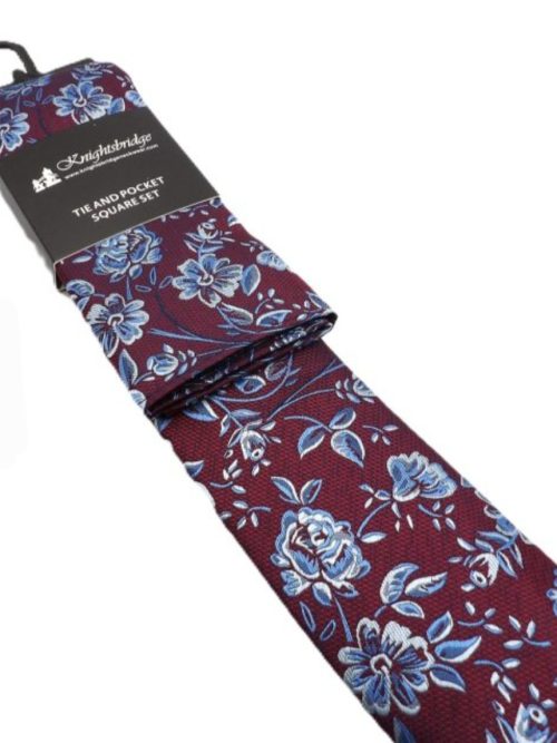 Knightsbridge Burgundy & Sky Floral Tie & Pocket Square Set
