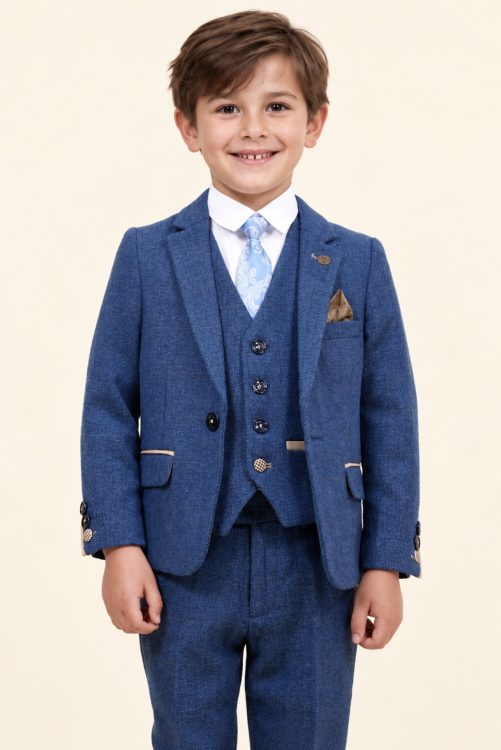 Marc Darcy Dion boys blue herringbone tweed three piece suit